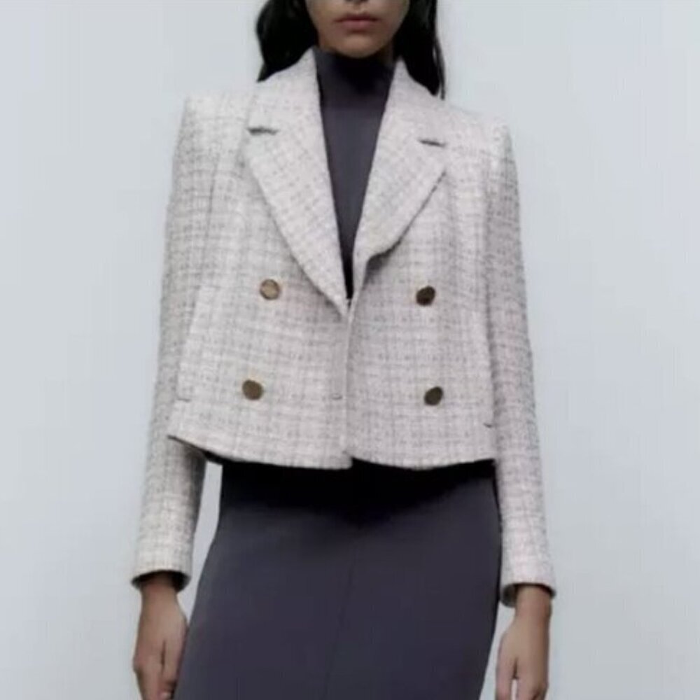 ZARA WOMEN NEW CROPPED TEXTURED BLAZER WEAVE TWEED